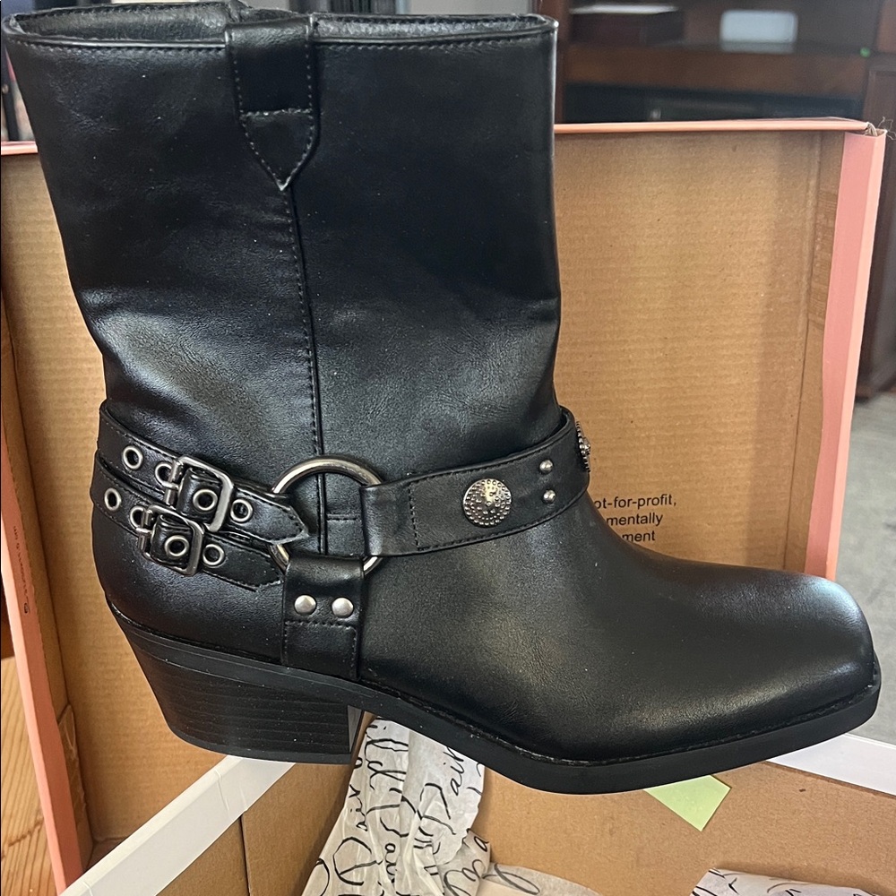 Wild Pair Black Mid-Calf Harness Heeled Boots